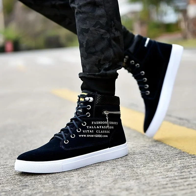 Trendy British Style High-top Canvas Sneakers for Men - Lace-up Design, Casual and All-Match, with Zipper Decoration