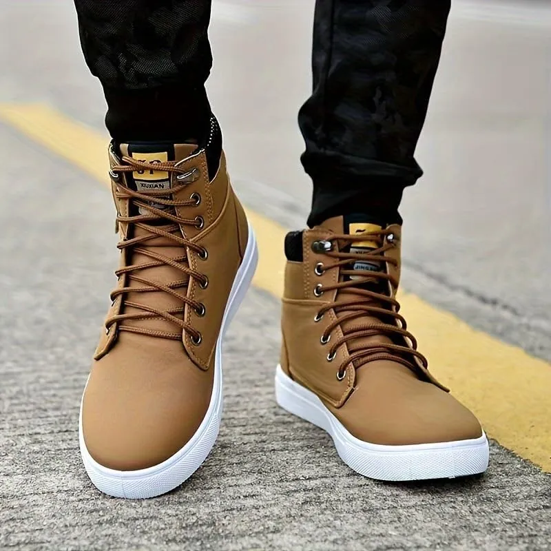 Trendy British Style High-top Canvas Sneakers for Men - Lace-up Design, Casual and All-Match, with Zipper Decoration