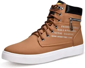 Trendy British Style High-top Canvas Sneakers for Men - Lace-up Design, Casual and All-Match, with Zipper Decoration