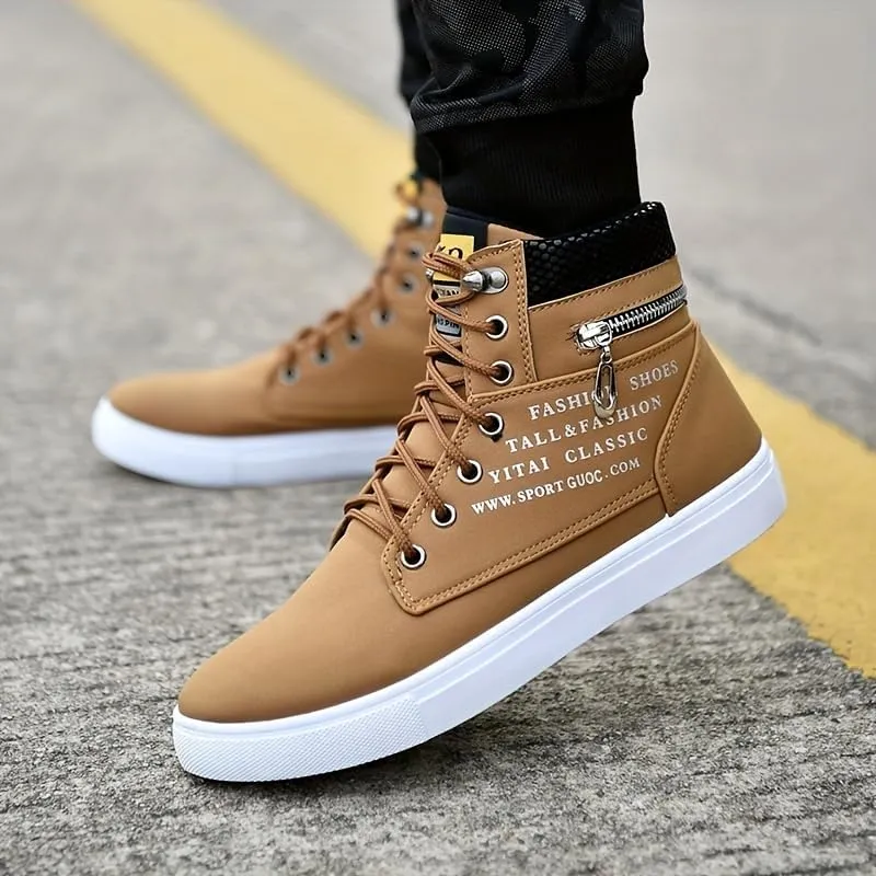 Trendy British Style High-top Canvas Sneakers for Men - Lace-up Design, Casual and All-Match, with Zipper Decoration