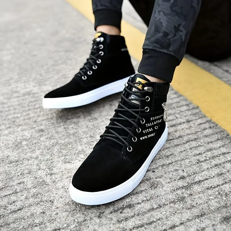 Trendy British Style High-top Canvas Sneakers for Men - Lace-up Design, Casual and All-Match, with Zipper Decoration