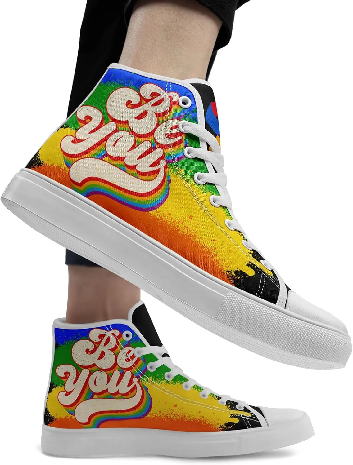 Unisex High Top Canvas Sneakers Lace-up Fashion Casual Walking Tennis Shoes Rainbow Stripe Heart Footwear