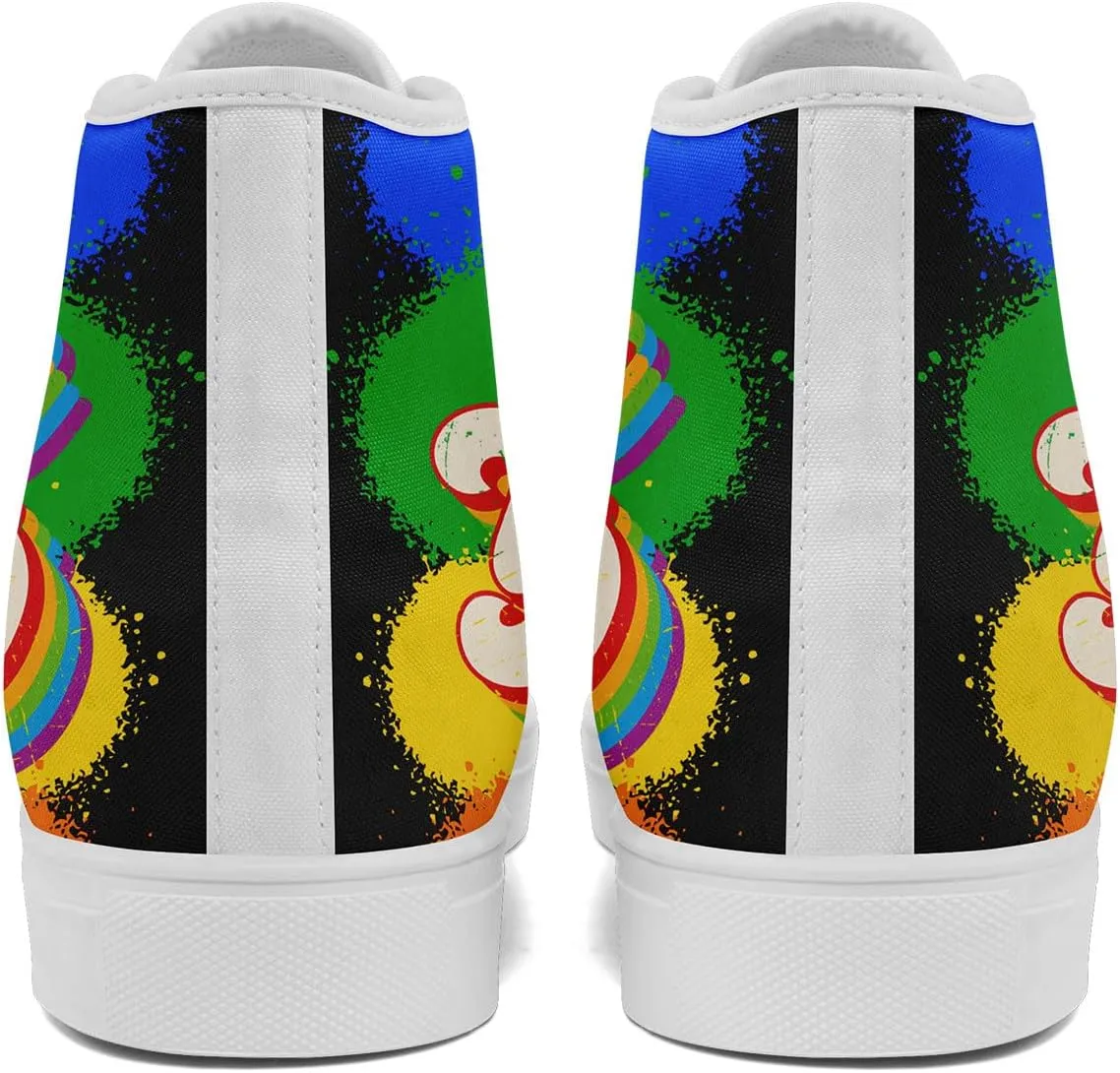 Unisex High Top Canvas Sneakers Lace-up Fashion Casual Walking Tennis Shoes Rainbow Stripe Heart Footwear