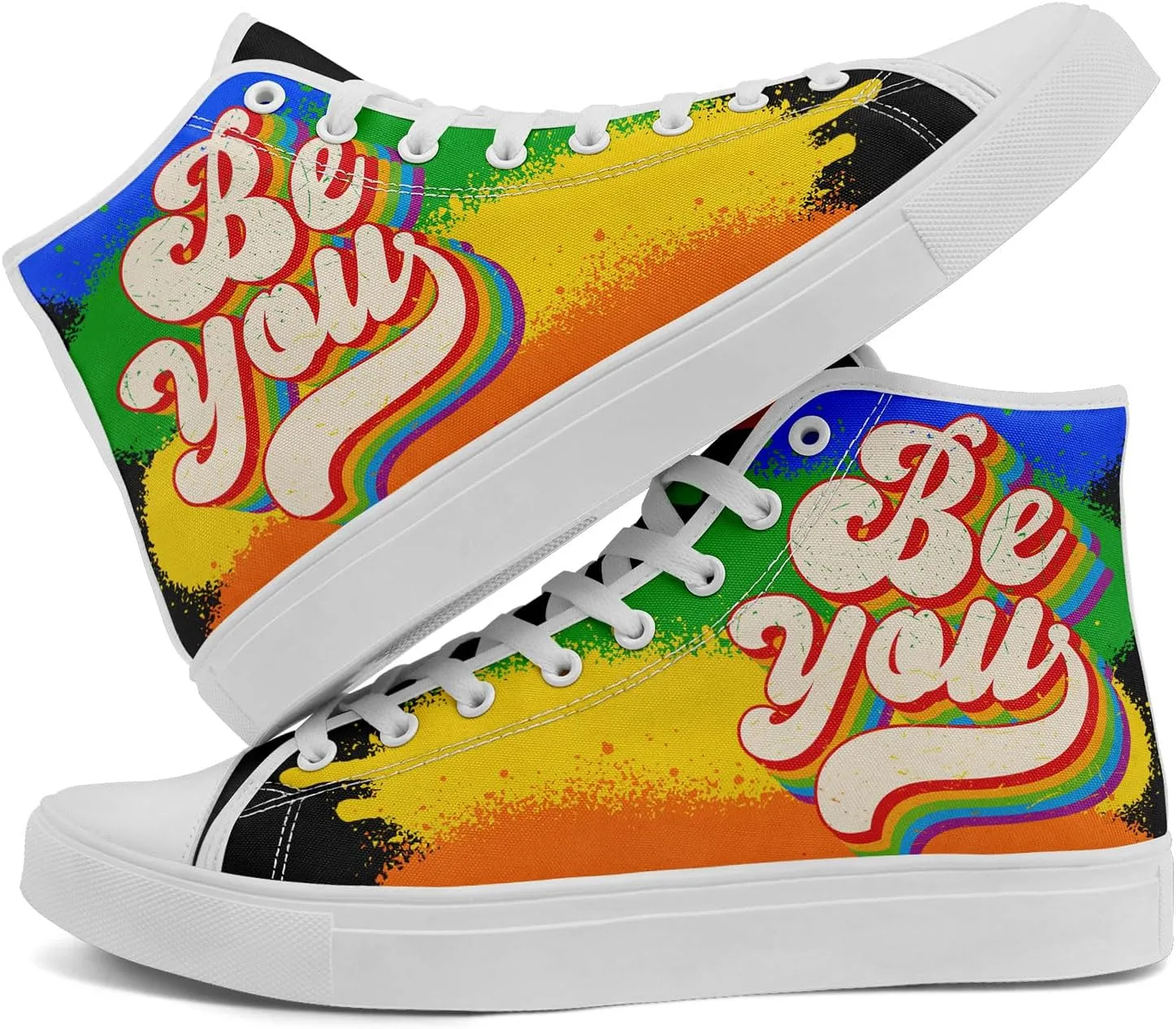 Unisex High Top Canvas Sneakers Lace-up Fashion Casual Walking Tennis Shoes Rainbow Stripe Heart Footwear