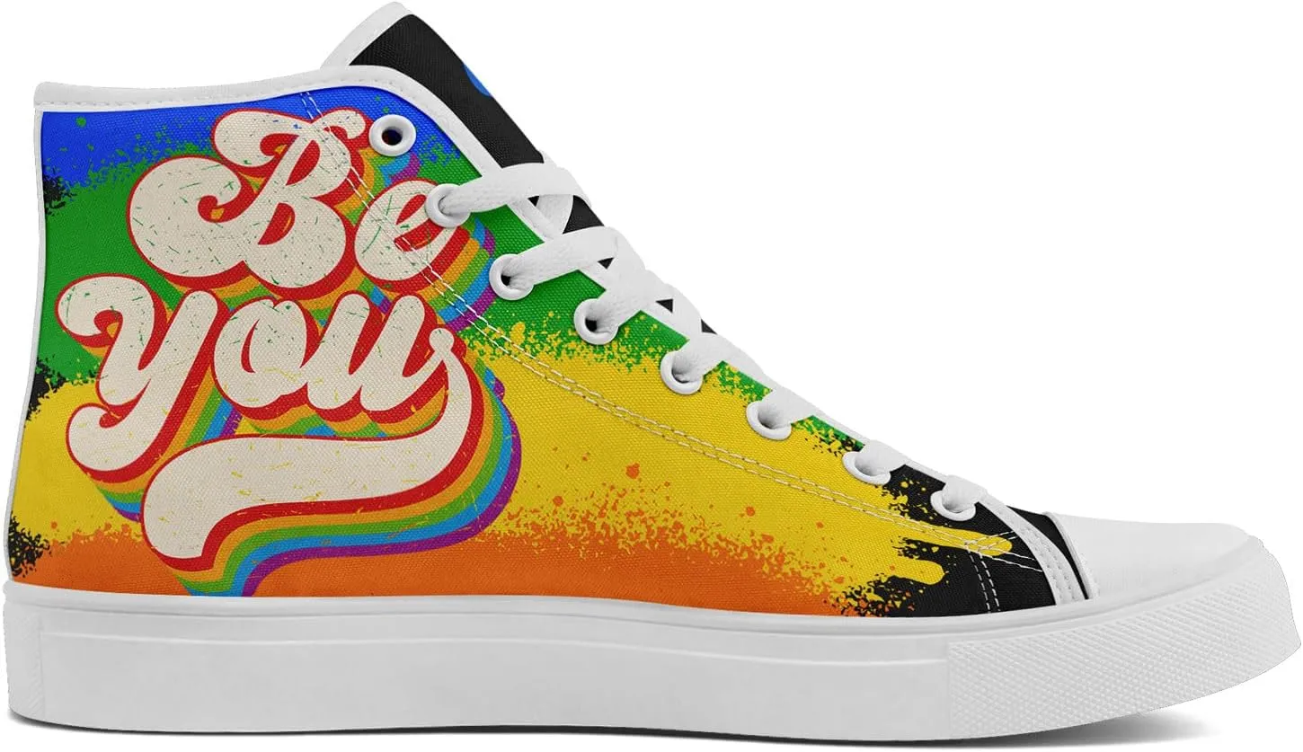 Unisex High Top Canvas Sneakers Lace-up Fashion Casual Walking Tennis Shoes Rainbow Stripe Heart Footwear