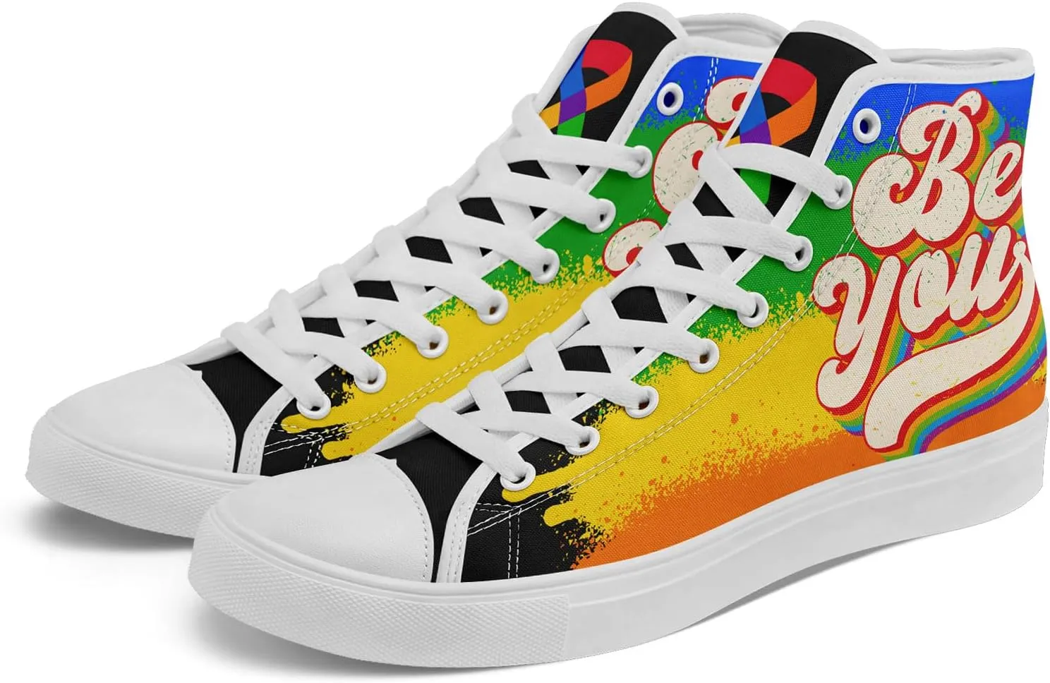 Unisex High Top Canvas Sneakers Lace-up Fashion Casual Walking Tennis Shoes Rainbow Stripe Heart Footwear