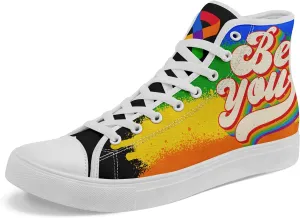 Unisex High Top Canvas Sneakers Lace-up Fashion Casual Walking Tennis Shoes Rainbow Stripe Heart Footwear