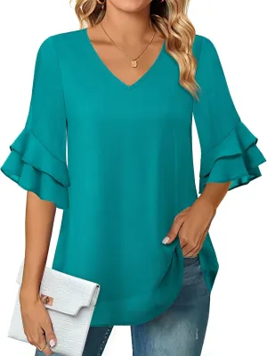VALOLIA Womens Blouses 3/4 Sleeve Dressy Tops Business Casual Double Layers Shirts
