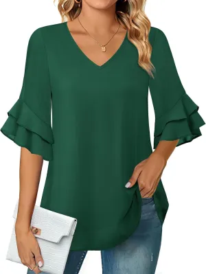 VALOLIA Womens Blouses 3/4 Sleeve Dressy Tops Business Casual Double Layers Shirts