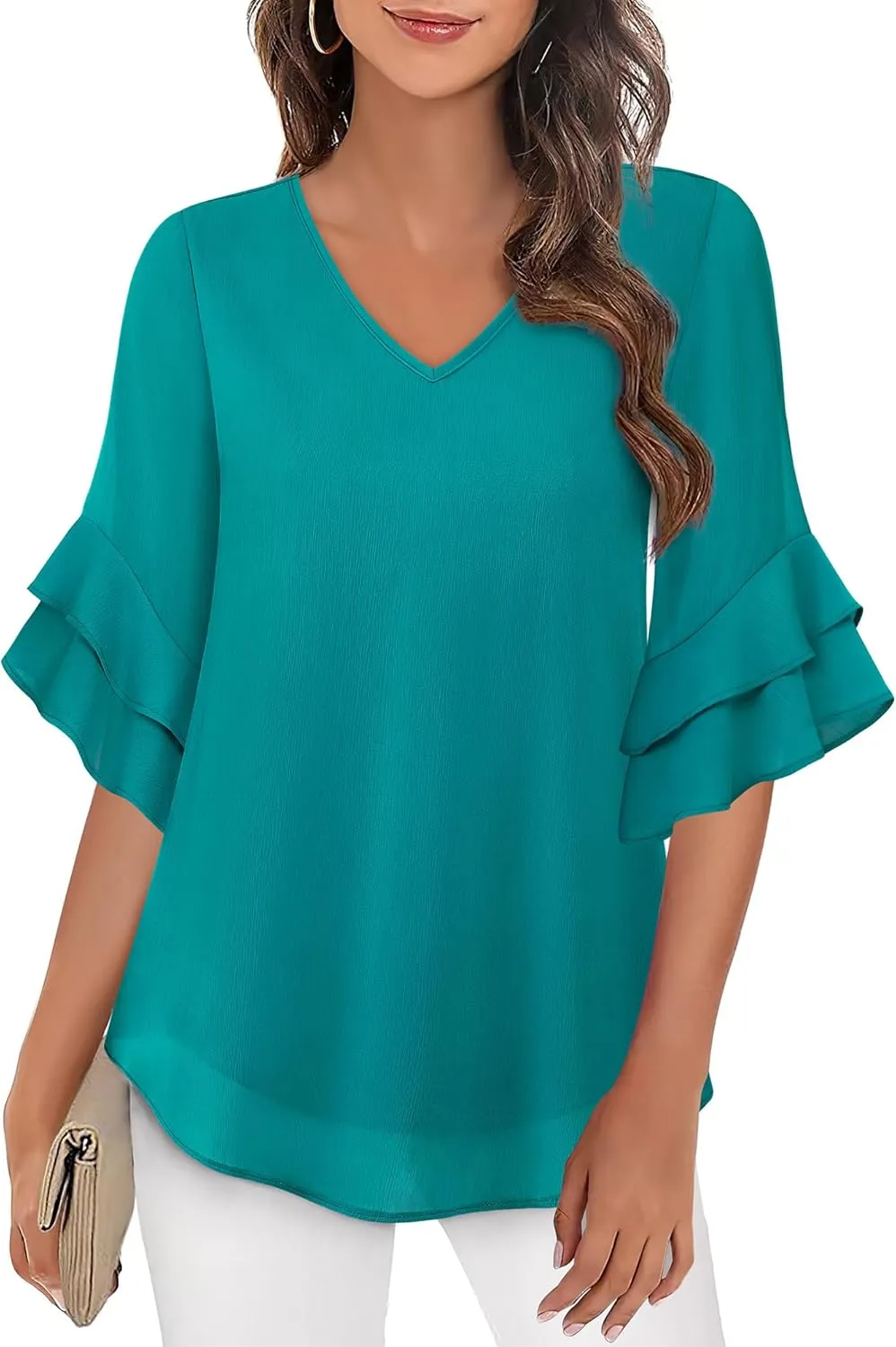 VALOLIA Womens Blouses 3/4 Sleeve Dressy Tops Business Casual Double Layers Shirts