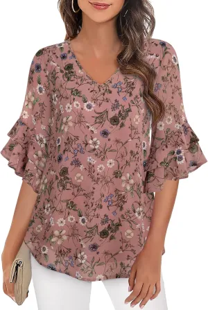 VALOLIA Womens Blouses 3/4 Sleeve Dressy Tops Business Casual Double Layers Shirts