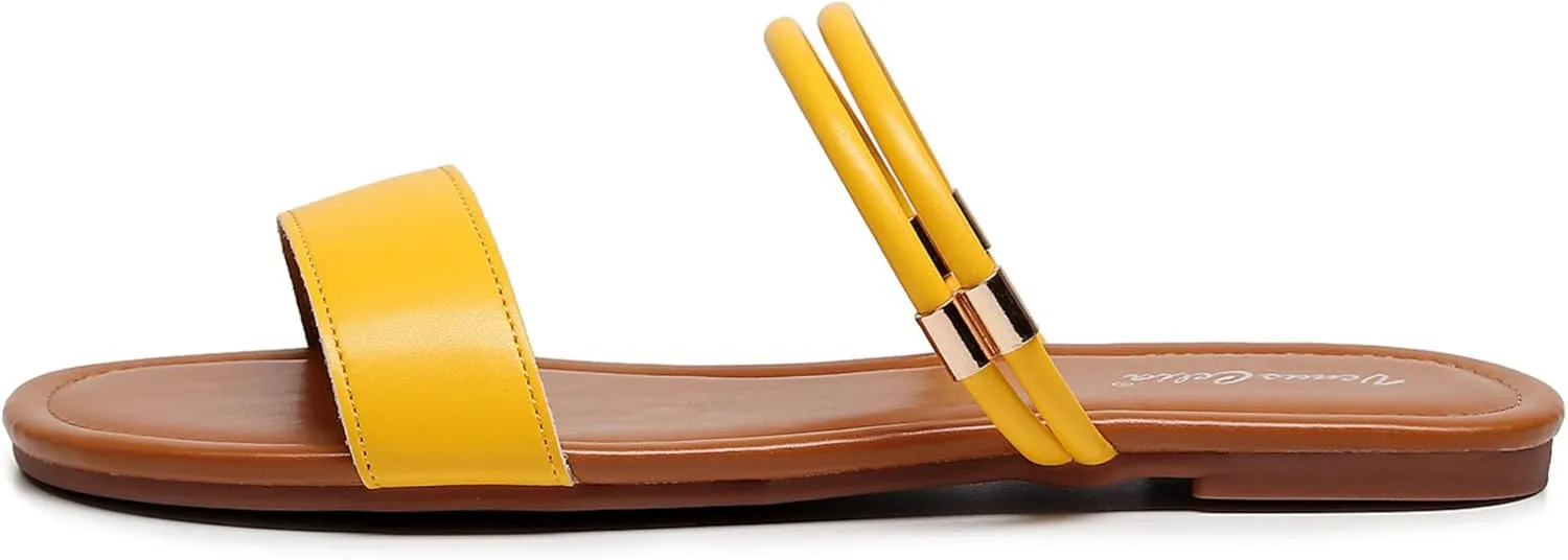 VenusCelia Women's Double Straps Wide Flat Sandal