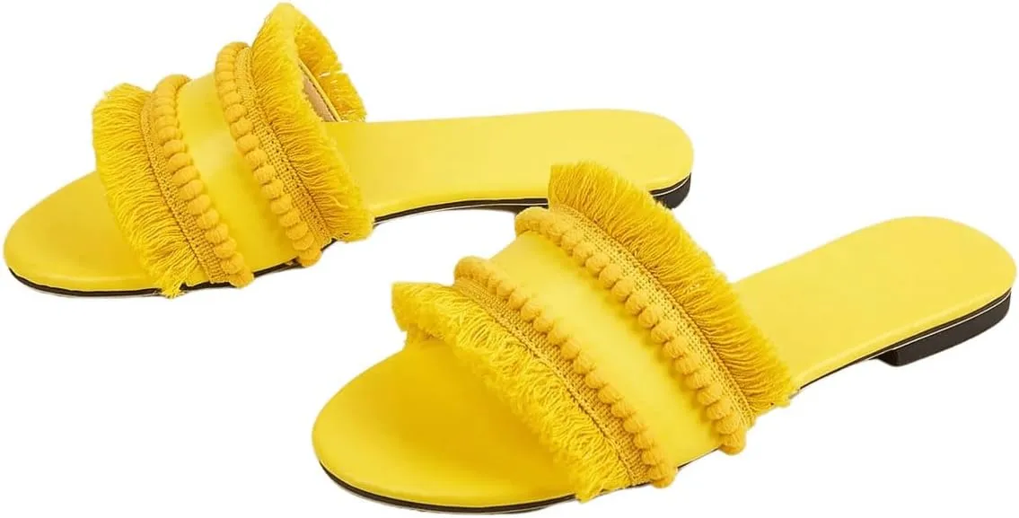 Verdusa Women's Fringe Straw Flat Slipper Boho Sandals Open Toe Beach Slides Yellow 8