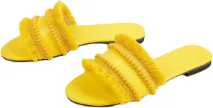 Verdusa Women's Fringe Straw Flat Slipper Boho Sandals Open Toe Beach Slides Yellow 8