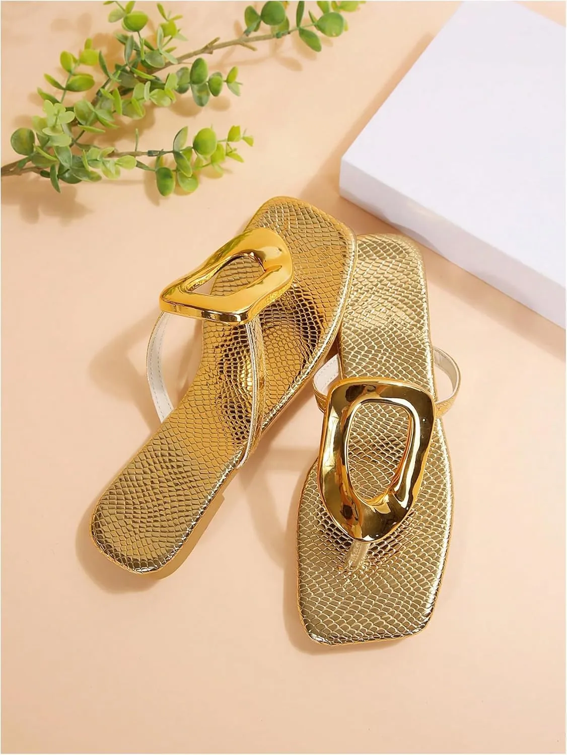Verdusa Women's Hollow Out Metal Ring Flat Leather Sandals Square Toe Slip on Flip Flops