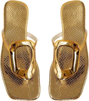 Verdusa Women's Hollow Out Metal Ring Flat Leather Sandals Square Toe Slip on Flip Flops
