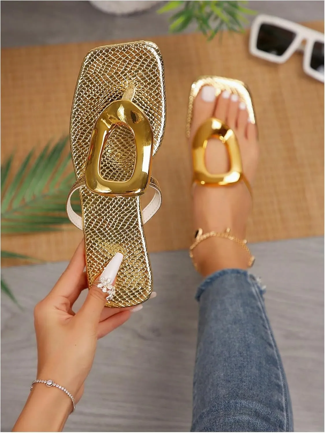 Verdusa Women's Hollow Out Metal Ring Flat Leather Sandals Square Toe Slip on Flip Flops