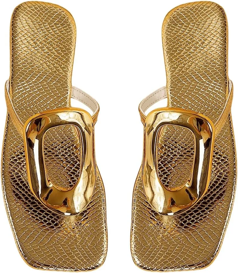 Verdusa Women's Hollow Out Metal Ring Flat Leather Sandals Square Toe Slip on Flip Flops