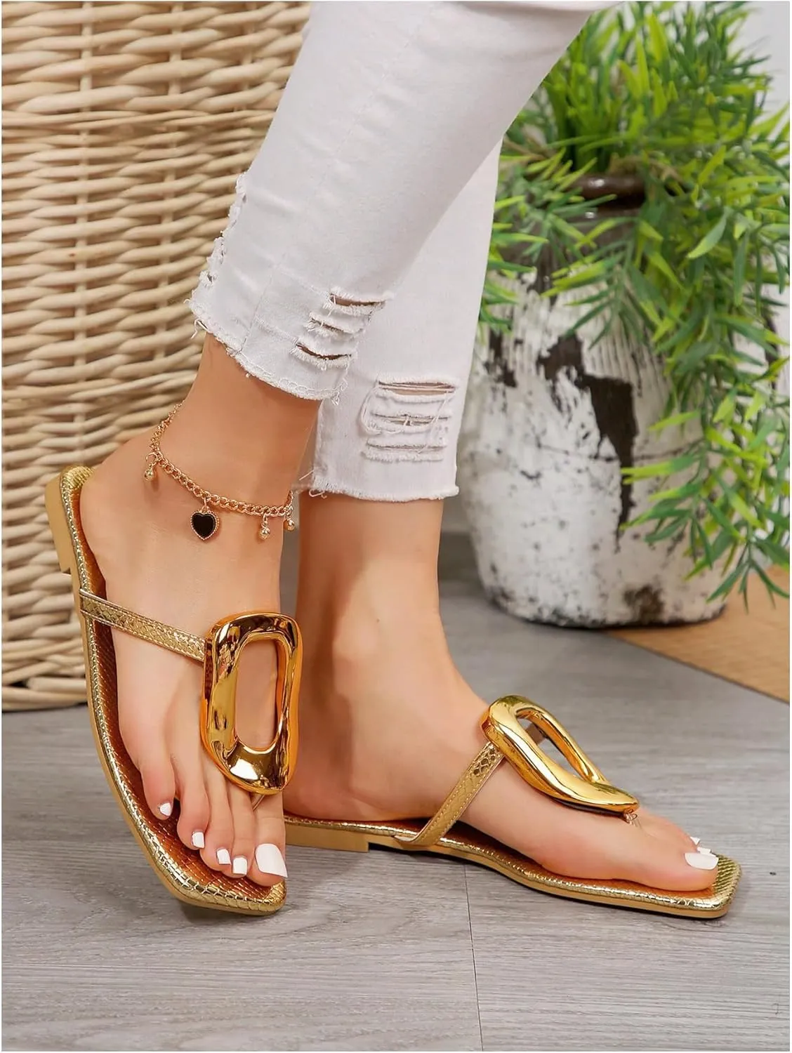 Verdusa Women's Hollow Out Metal Ring Flat Leather Sandals Square Toe Slip on Flip Flops