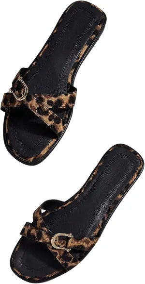 Verdusa Women's Leopard Criss Cross Dressy Sandals Buckle Open Toe Leather Slip on Slippers