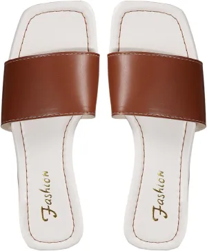 Verdusa Women's PU Leather Singe Band Flat Sandals Color Block Square Open Toe Slippers