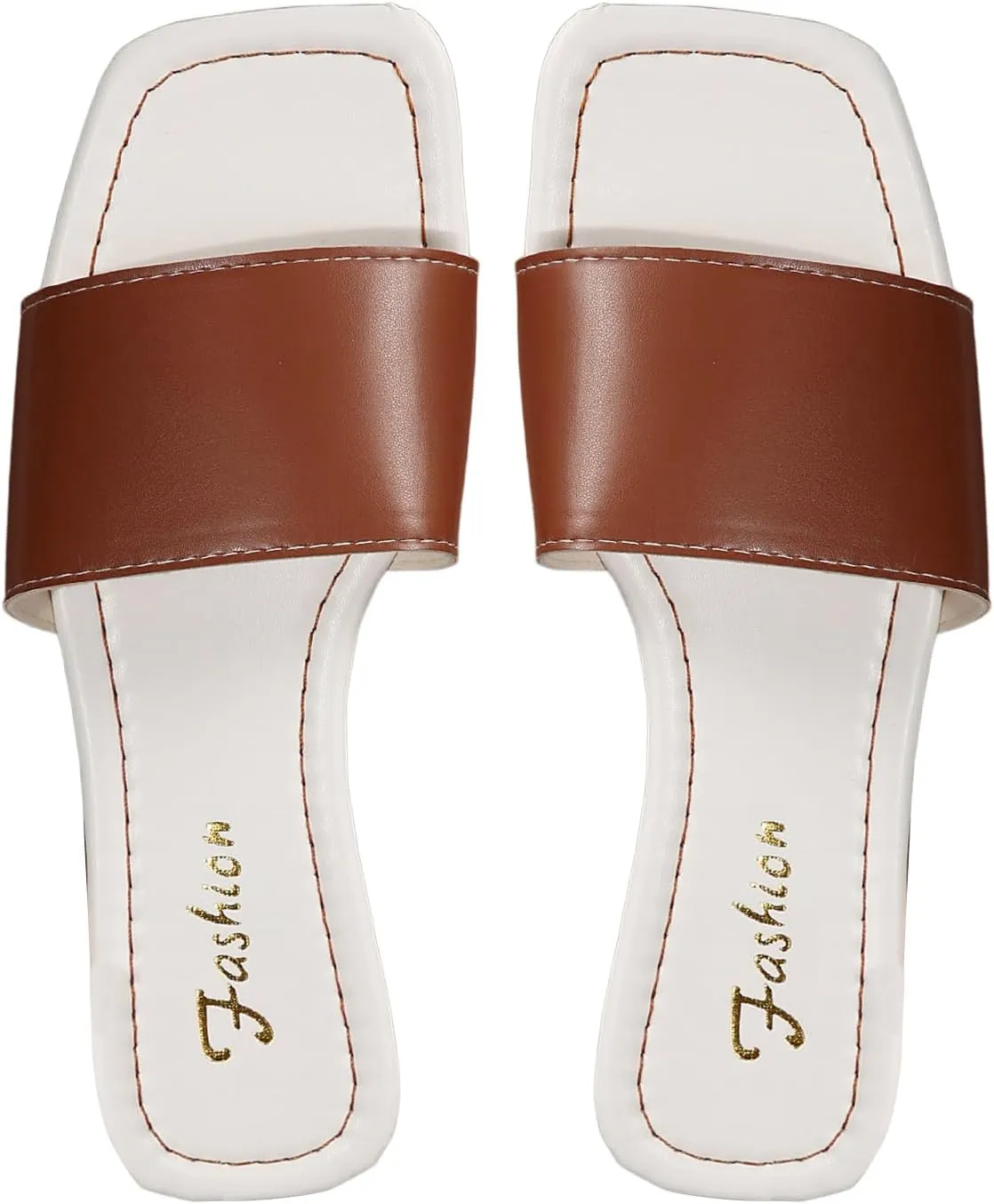 Verdusa Women's PU Leather Singe Band Flat Sandals Color Block Square Open Toe Slippers
