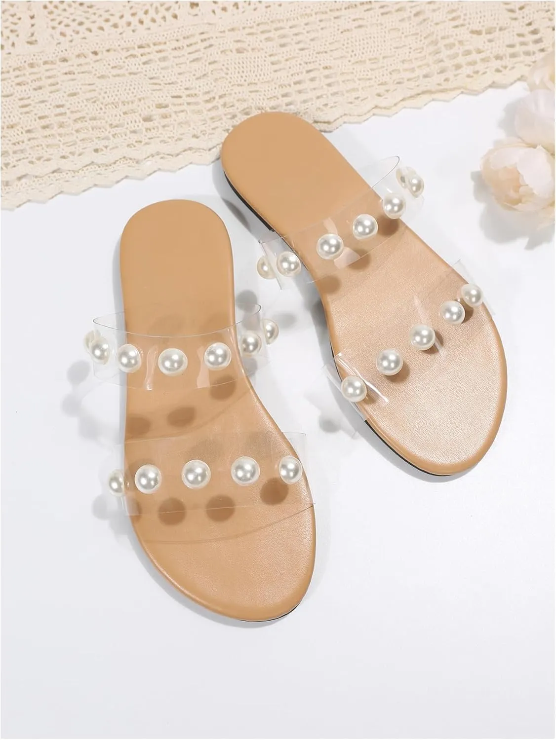 Verdusa Women's Transparent Strap Pearl Sandals Summer Slippers Open Toe Flat Slides Sandals