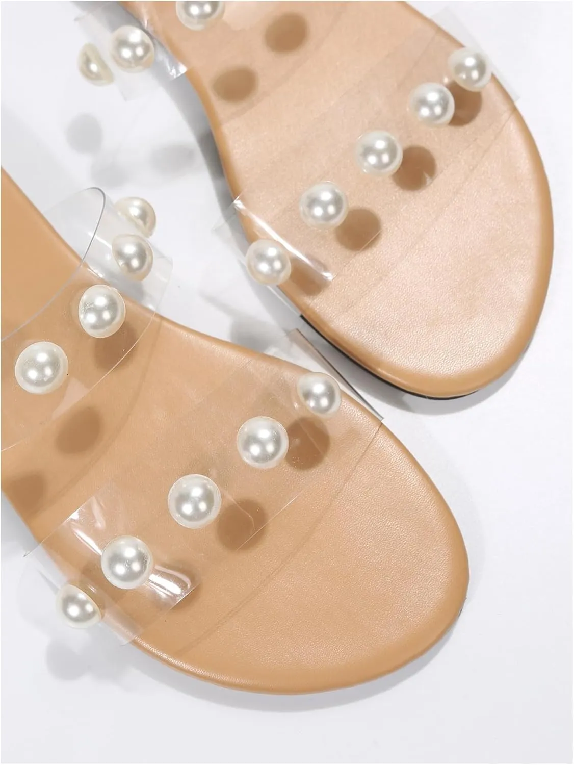 Verdusa Women's Transparent Strap Pearl Sandals Summer Slippers Open Toe Flat Slides Sandals
