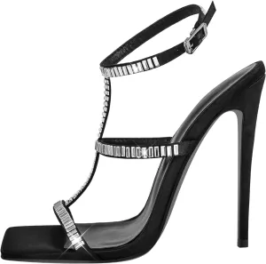 VERISSON Women's Sparkly Rhinestone Stiletto Sandals Square Toe Open-back Crystal Buckle Strappy Wedding Shoes