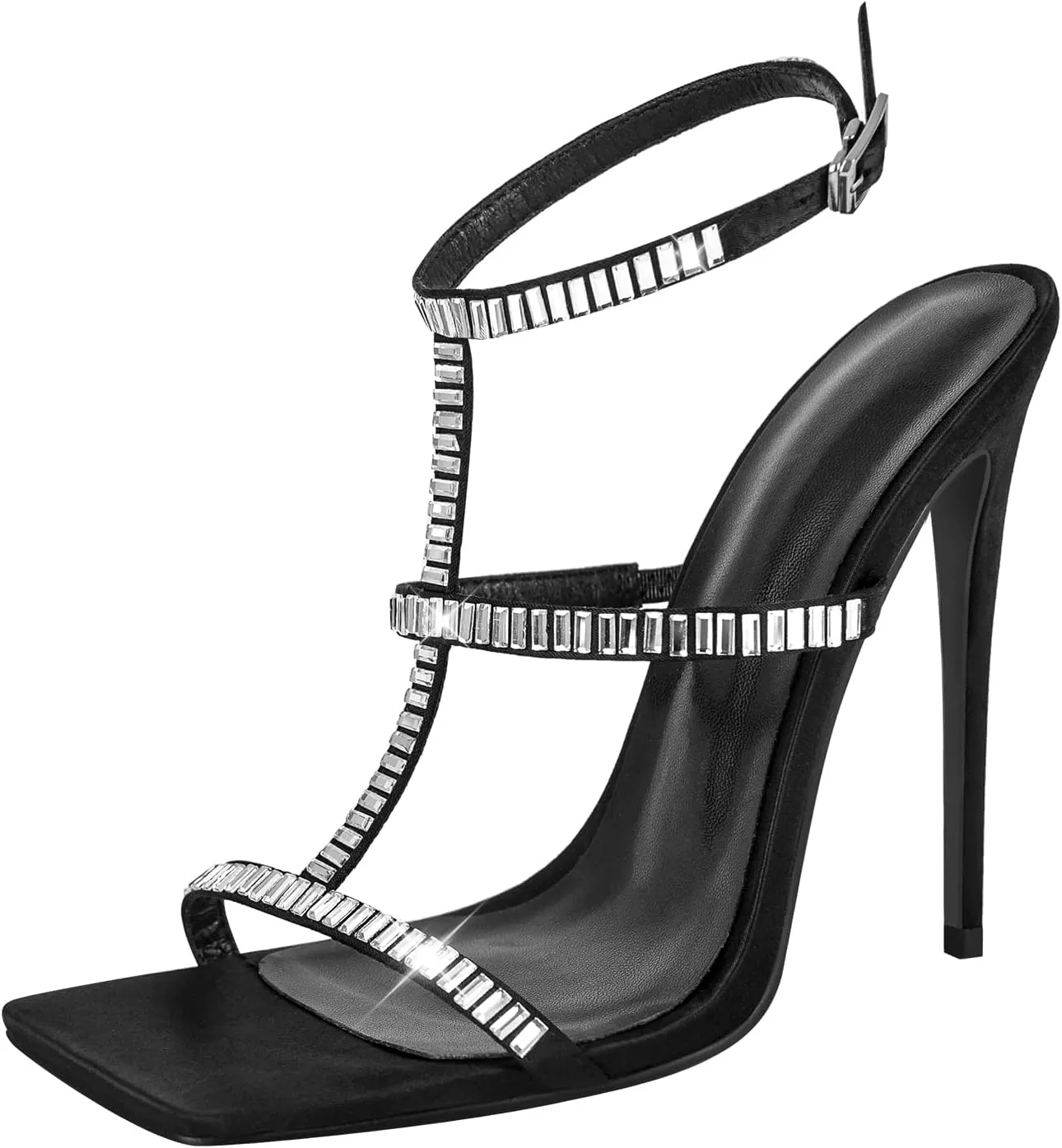 VERISSON Women's Sparkly Rhinestone Stiletto Sandals Square Toe Open-back Crystal Buckle Strappy Wedding Shoes