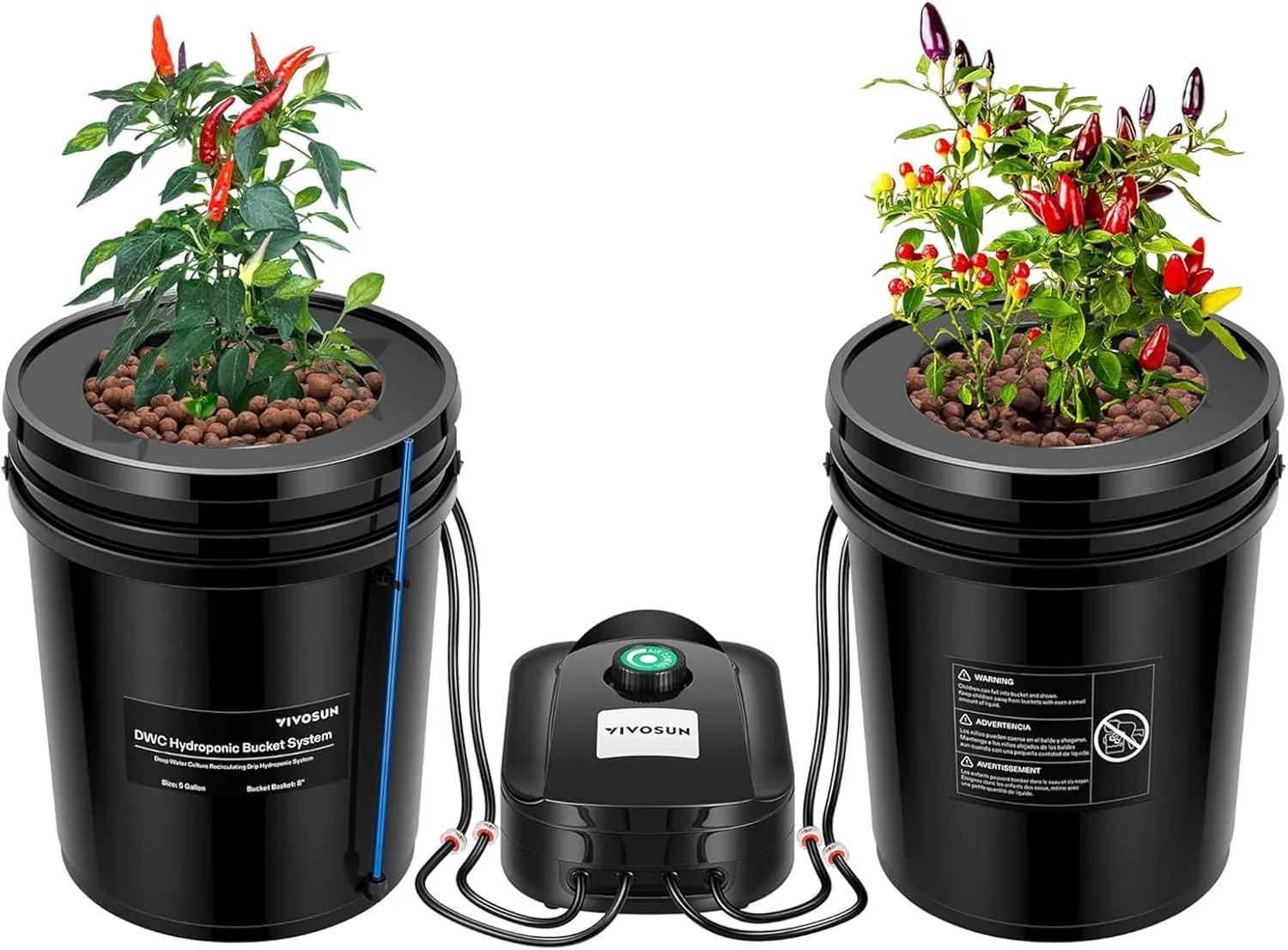 VIVOSUN DWC Hydroponics Grow System with Top Drip Kit, 5-Gallon Deep Water Culture, Recirculating Drip Garden System with Multi-Purpose Air Hose, Air Pump, and Air Stone (2 Buckets   Top Drip Kit)