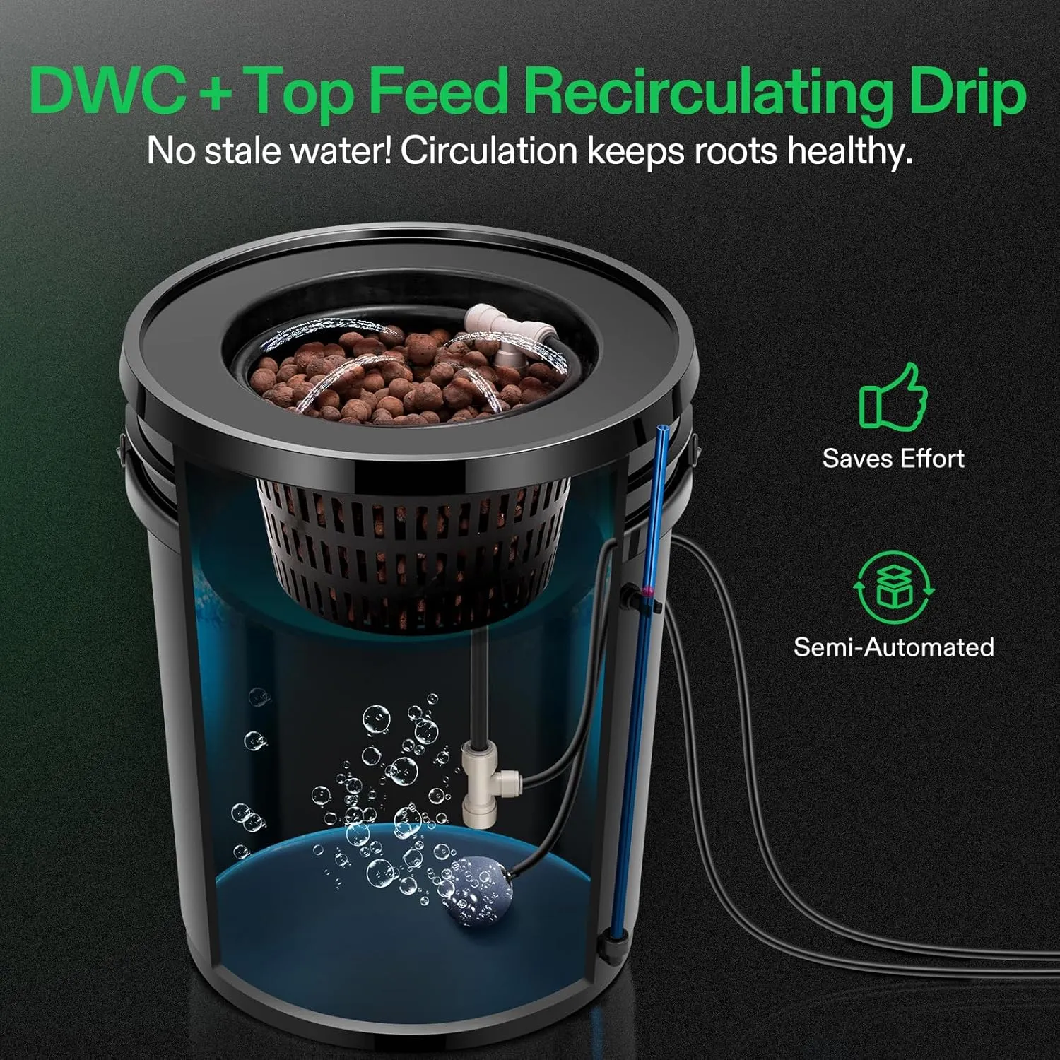 VIVOSUN DWC Hydroponics Grow System with Top Drip Kit, 5-Gallon Deep Water Culture, Recirculating Drip Garden System with Multi-Purpose Air Hose, Air Pump, and Air Stone (2 Buckets   Top Drip Kit)