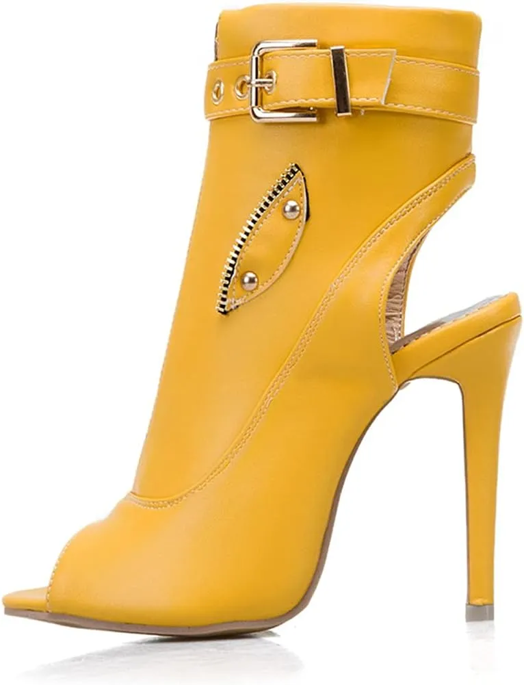 VOKLIN Women's Fashion Peep Toe Stiletto High Heel Sandals Buckle Zipper Party Pump Dress Heeled Sandal Booties