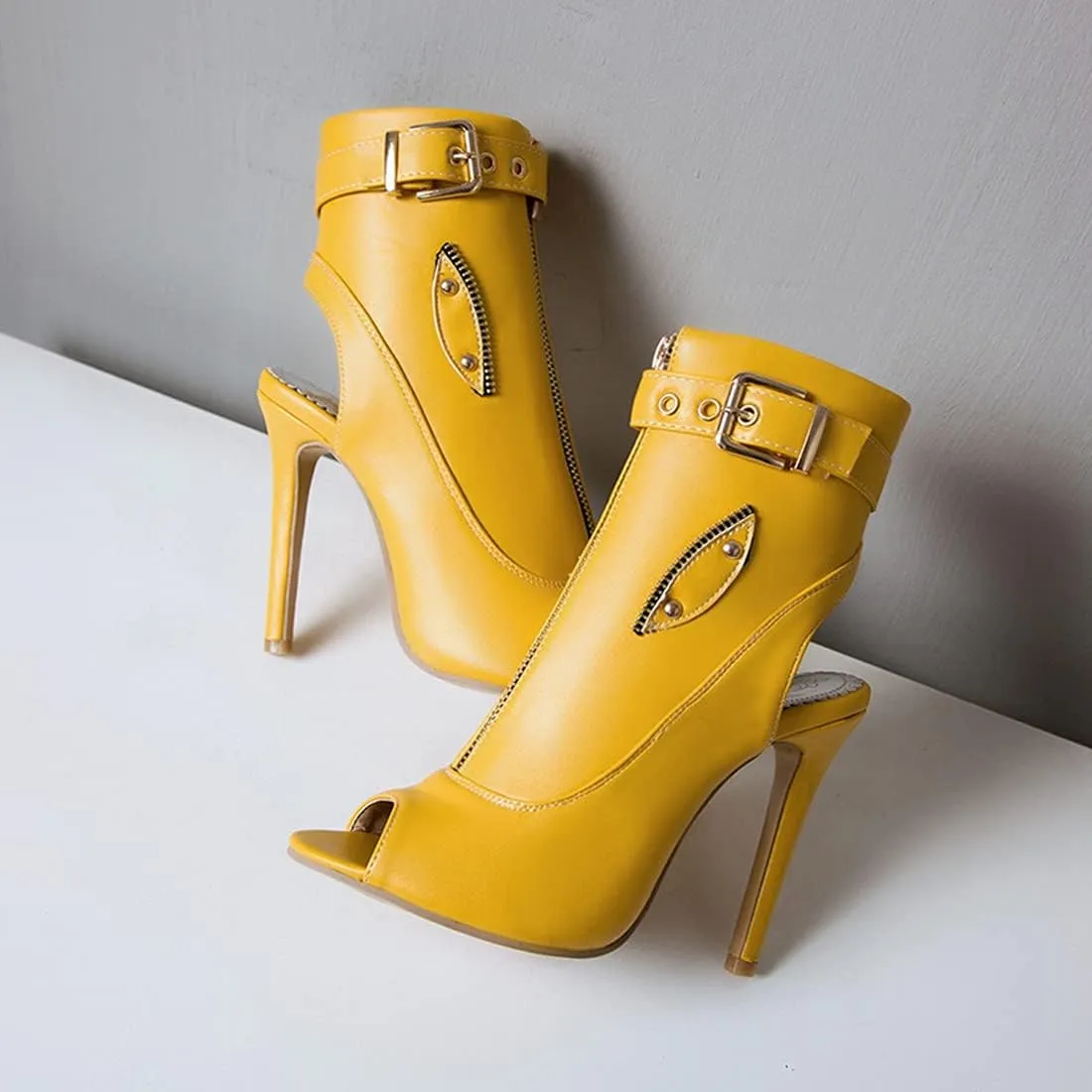 VOKLIN Women's Fashion Peep Toe Stiletto High Heel Sandals Buckle Zipper Party Pump Dress Heeled Sandal Booties