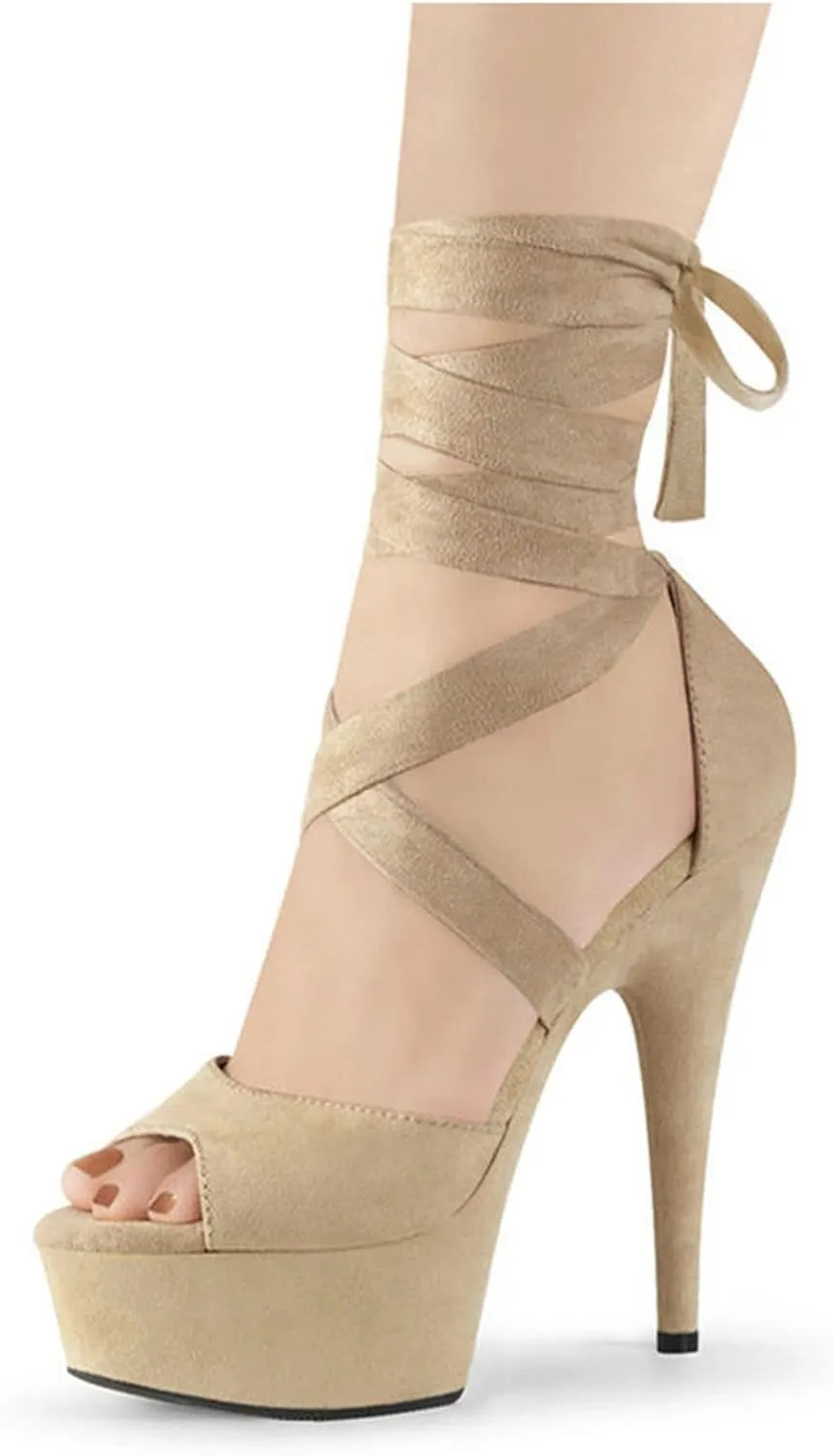 Vujkliy 15CM Suede Nude Straps high Heel Sandals Round Toe Platform Stiletto high Heels Sexy Banquet Dress Catwalk Model Women's Shoes Plus Size