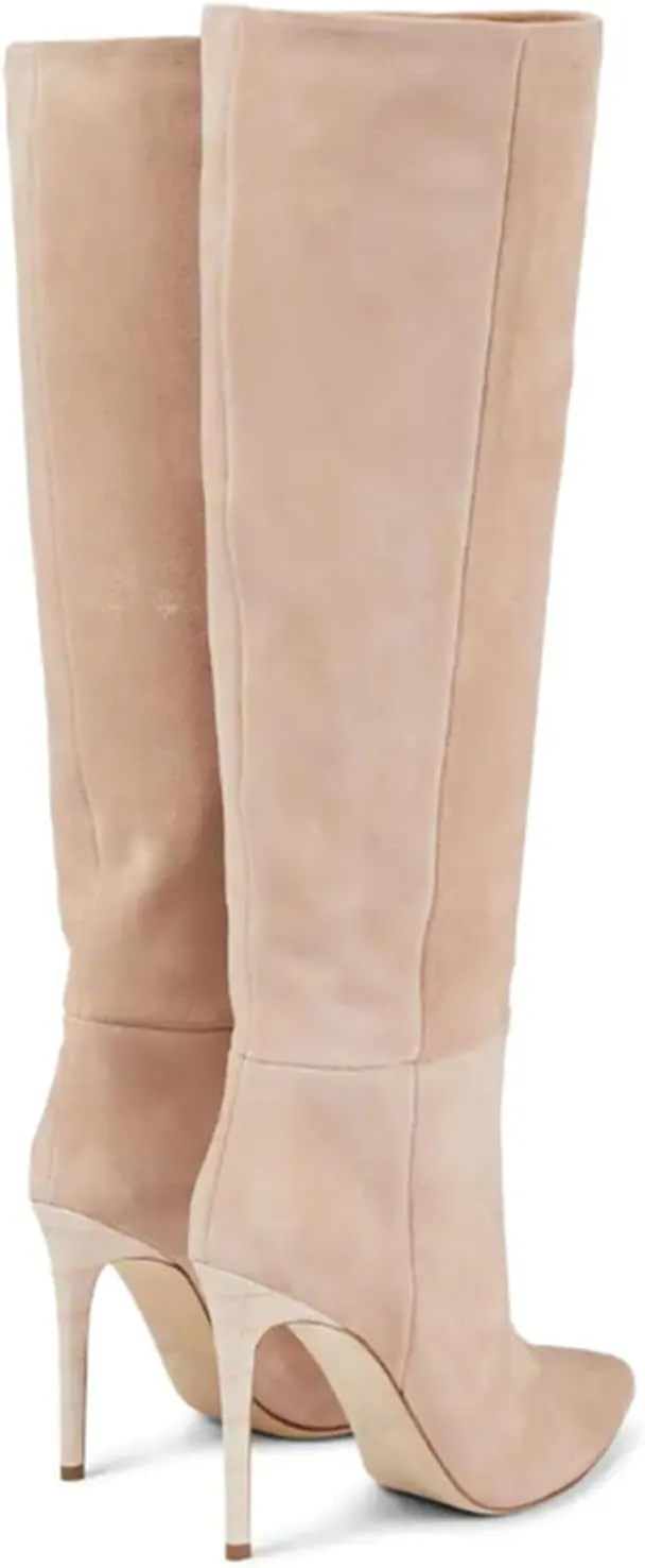Vujkliy Women's Autumn and Winter Pointed Toe 3.5IN Stiletto High Boots Fashion Sleeves Suede High Heels