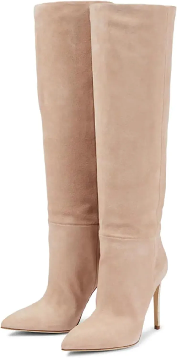 Vujkliy Women's Autumn and Winter Pointed Toe 3.5IN Stiletto High Boots Fashion Sleeves Suede High Heels