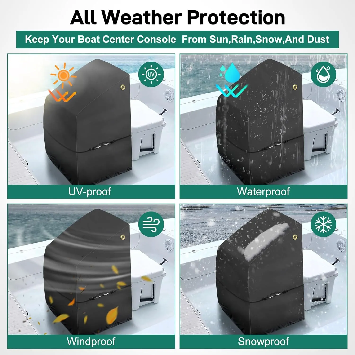 Waterproof Marine-Grade Boat Console Cover - Heavy Duty, Windproof Elastic Strap - Black, 24" L x 36" W x 42" H