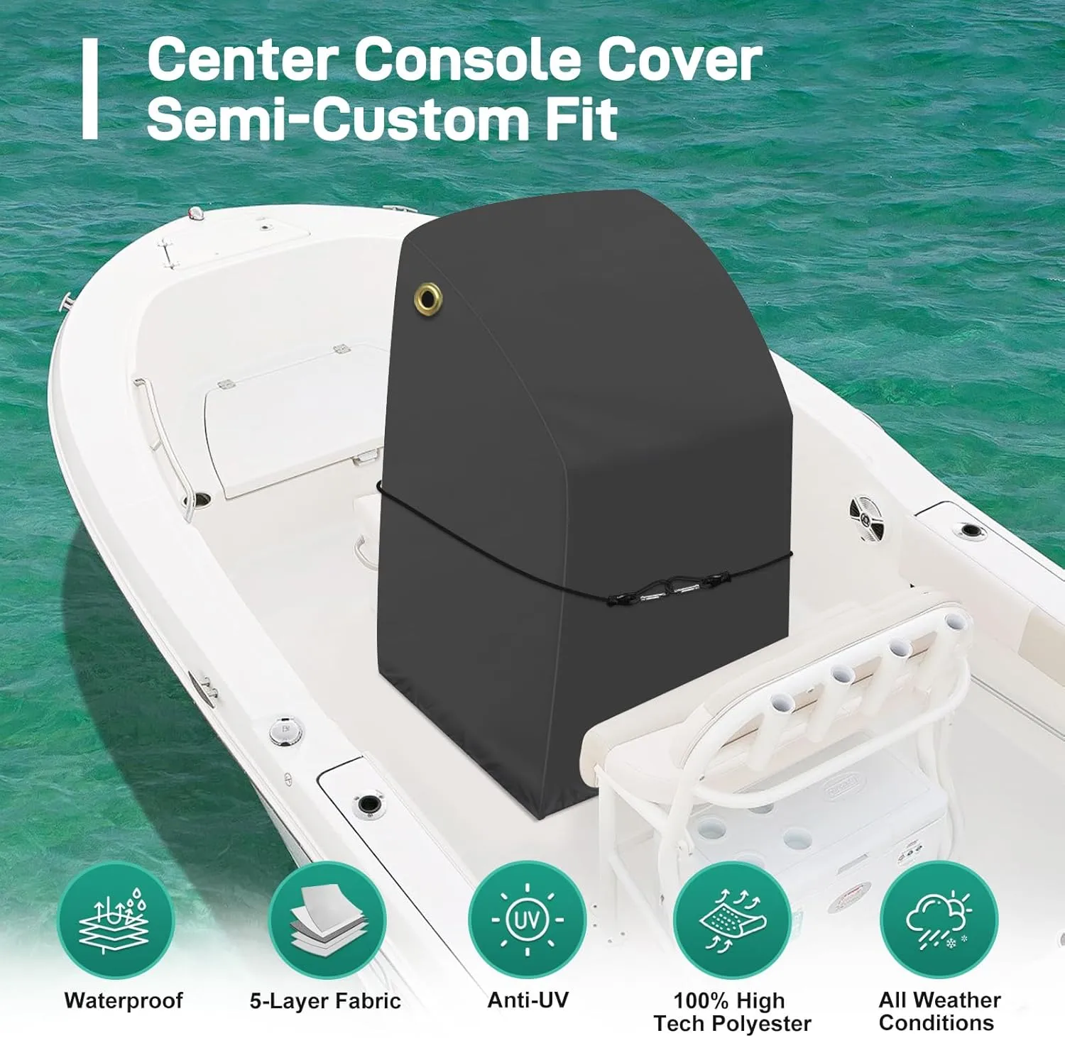 Waterproof Marine-Grade Boat Console Cover - Heavy Duty, Windproof Elastic Strap - Black, 24" L x 36" W x 42" H