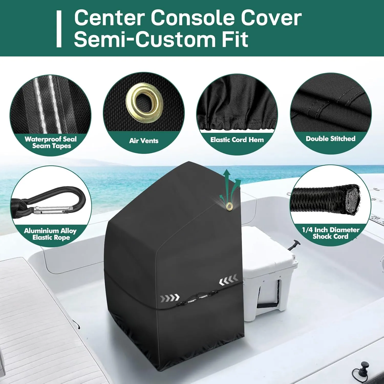 Waterproof Marine-Grade Boat Console Cover - Heavy Duty, Windproof Elastic Strap - Black, 24" L x 36" W x 42" H