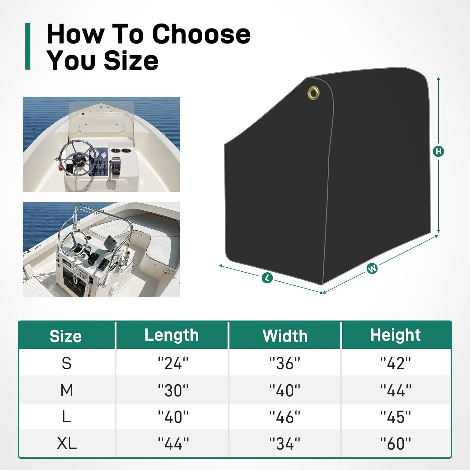 Waterproof Marine-Grade Boat Console Cover - Heavy Duty, Windproof Elastic Strap - Black, 24" L x 36" W x 42" H