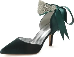 Wedding Bridal Pointed Toe Womens High Heel Shoes Ankle Buckle Pumps Rhinestones Heeled Bowknot Court Sandals Evening Party Dress,Dark Green,8.5
