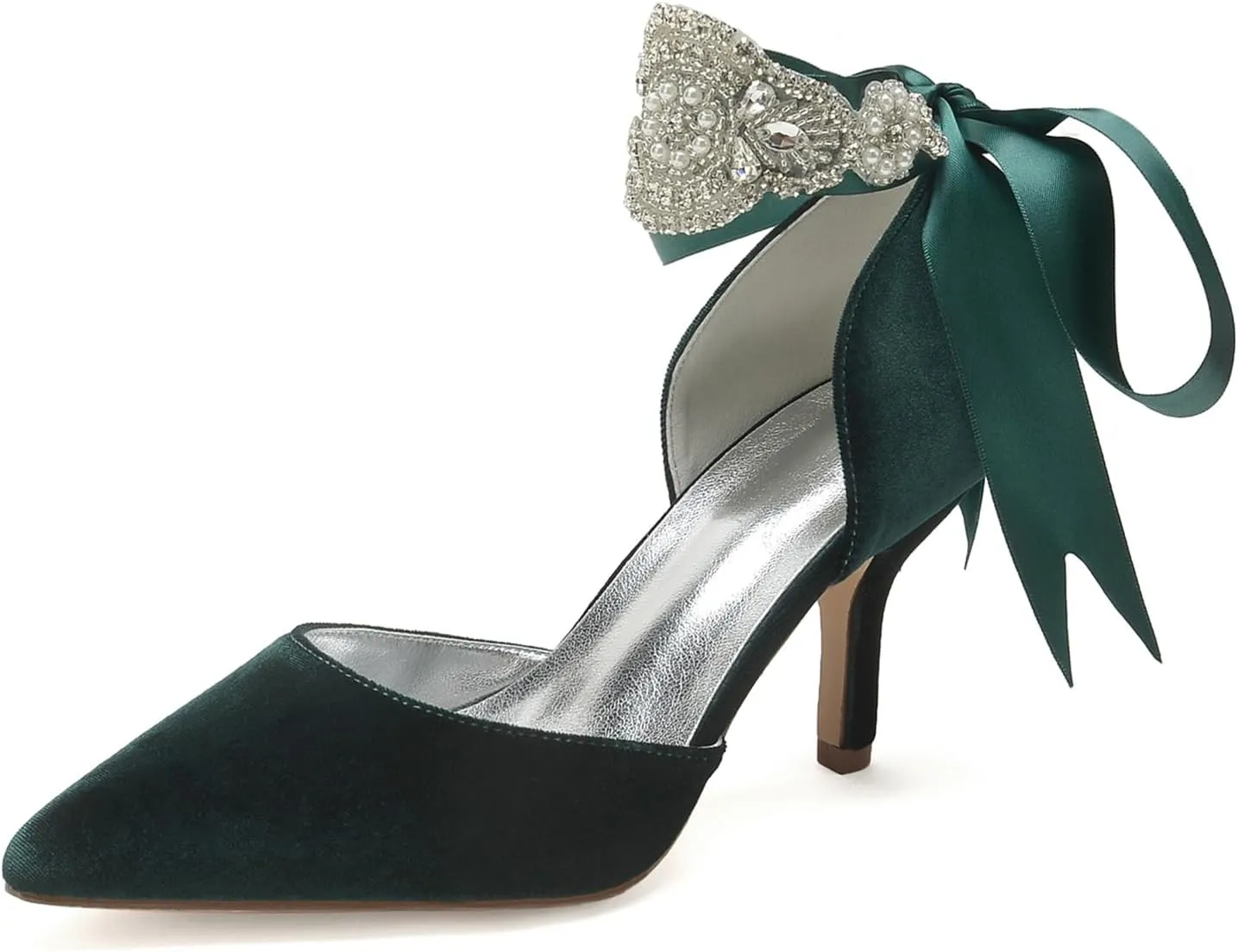 Wedding Bridal Pointed Toe Womens High Heel Shoes Ankle Buckle Pumps Rhinestones Heeled Bowknot Court Sandals Evening Party Dress,Dark Green,8.5