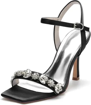Wedding Bridal Shoes Women's Satin Stiletto Sandals Bridal Heeled Sandals Slingback Heels Square Toe Shoes for Party Prom Dress 9.5Cm