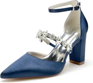 Wedding Shoes for Bride Sandals Satin Bridal Shoes Pointed Toe Chunky Block Heels for Women Sexy Dress Shoes Closed Toe Strap Ankle Buckle High Heels