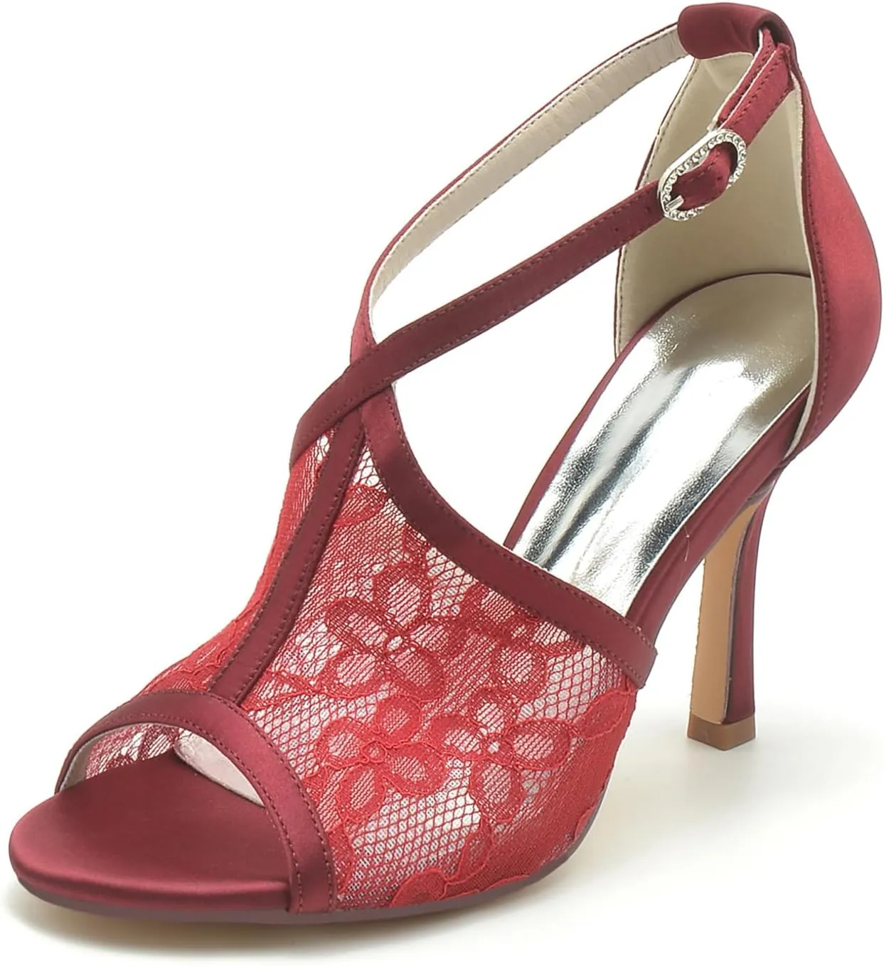 Wedding Shoes for Women Lace Peep Toe Heels Bridal Shoes Slingback Stiletto High Heel Pumps Ankle Buckle
