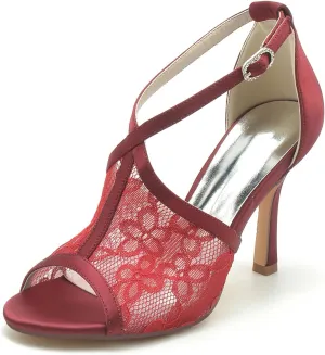 Wedding Shoes for Women Lace Peep Toe Heels Bridal Shoes Slingback Stiletto High Heel Pumps Ankle Buckle