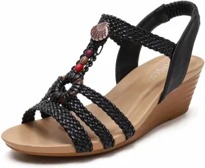 Wedge Sandals for Women Casual Summer Bohemian Rhinestone Beaded Platform Sandals Breathable Cutout Open Toe Elastic Band Dress Sandals Comfy Elastic Slingback T Strap Mid Heeled Beach Sandals