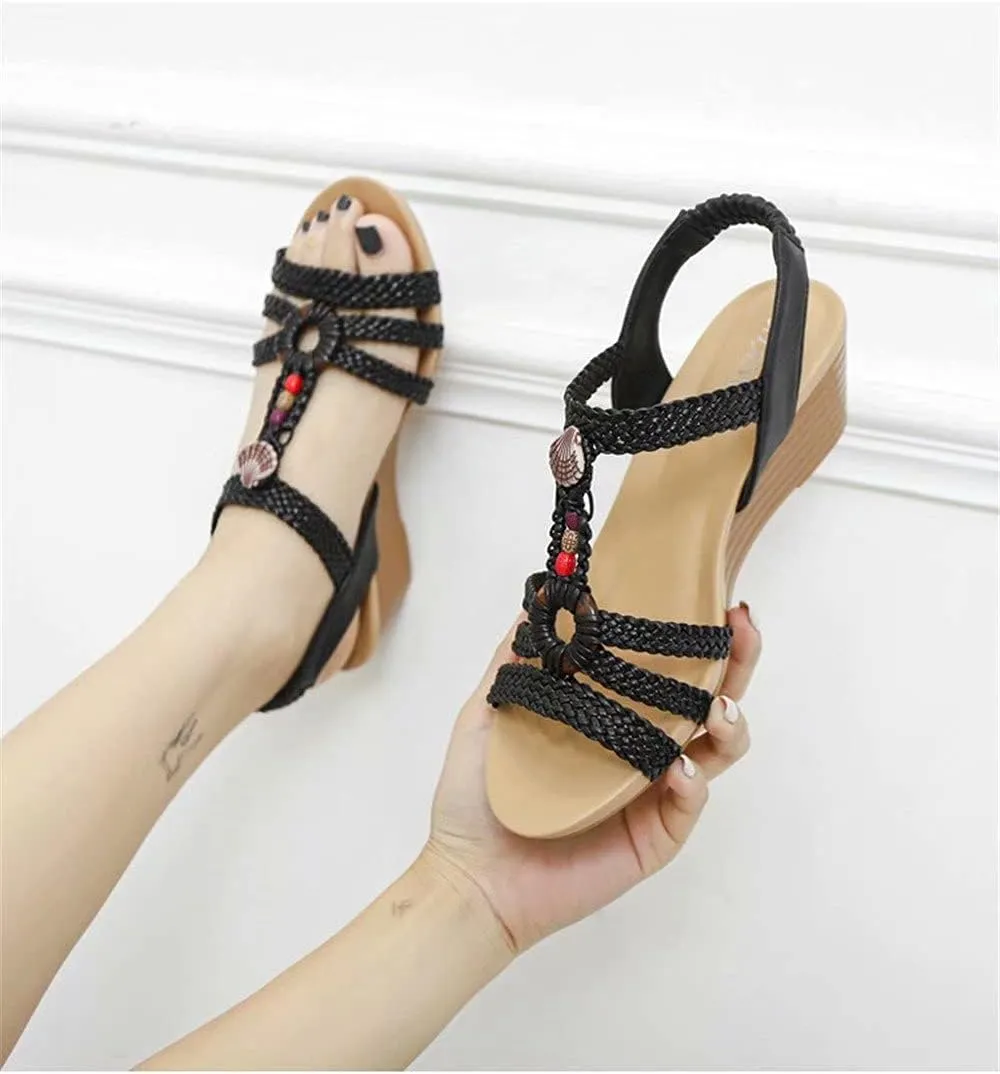 Wedge Sandals for Women Casual Summer Bohemian Rhinestone Beaded Platform Sandals Breathable Cutout Open Toe Elastic Band Dress Sandals Comfy Elastic Slingback T Strap Mid Heeled Beach Sandals