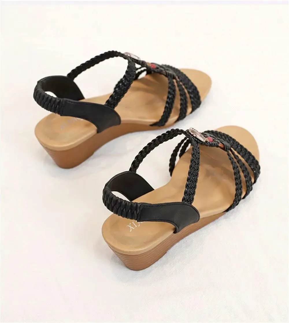 Wedge Sandals for Women Casual Summer Bohemian Rhinestone Beaded Platform Sandals Breathable Cutout Open Toe Elastic Band Dress Sandals Comfy Elastic Slingback T Strap Mid Heeled Beach Sandals